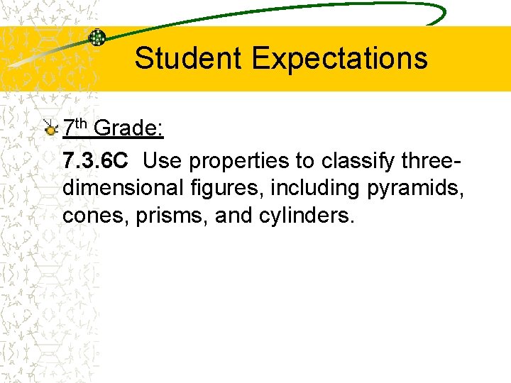 Student Expectations 7 th Grade: 7. 3. 6 C Use properties to classify threedimensional