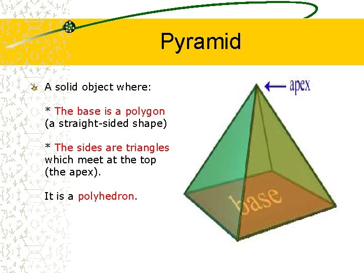 Pyramid A solid object where: * The base is a polygon (a straight-sided shape)