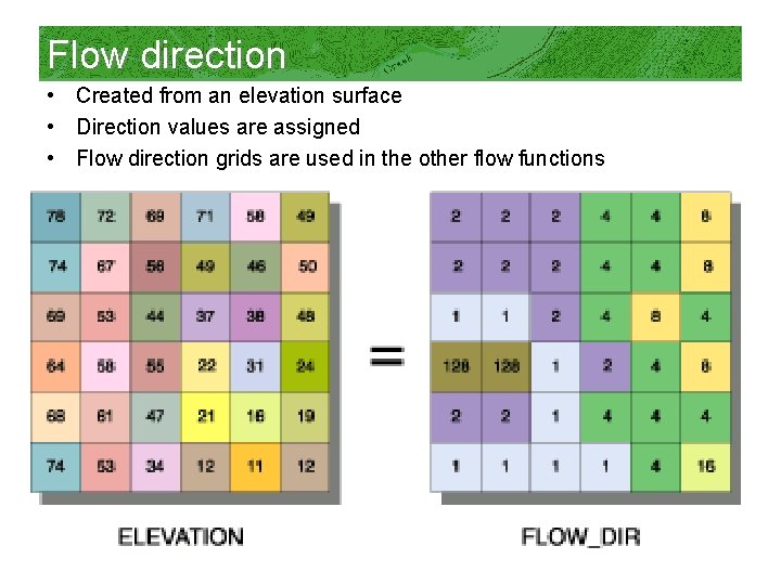 Flow direction • Created from an elevation surface • Direction values are assigned •