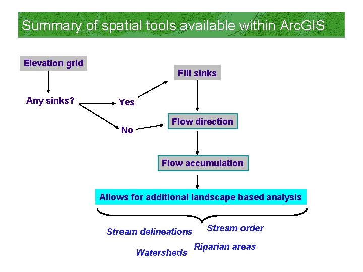 Summary of spatial tools available within Arc. GIS Elevation grid Any sinks? Fill sinks