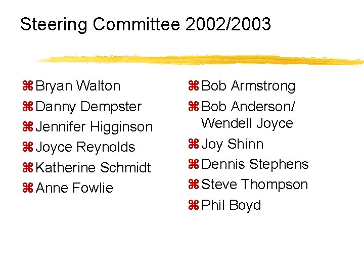 Steering Committee 2002/2003 z Bryan Walton z Danny Dempster z Jennifer Higginson z Joyce