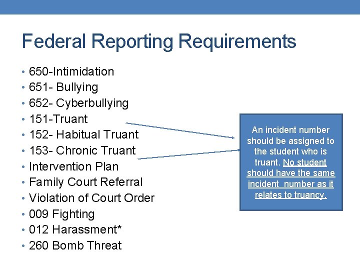 Federal Reporting Requirements • 650 -Intimidation • 651 - Bullying • 652 - Cyberbullying