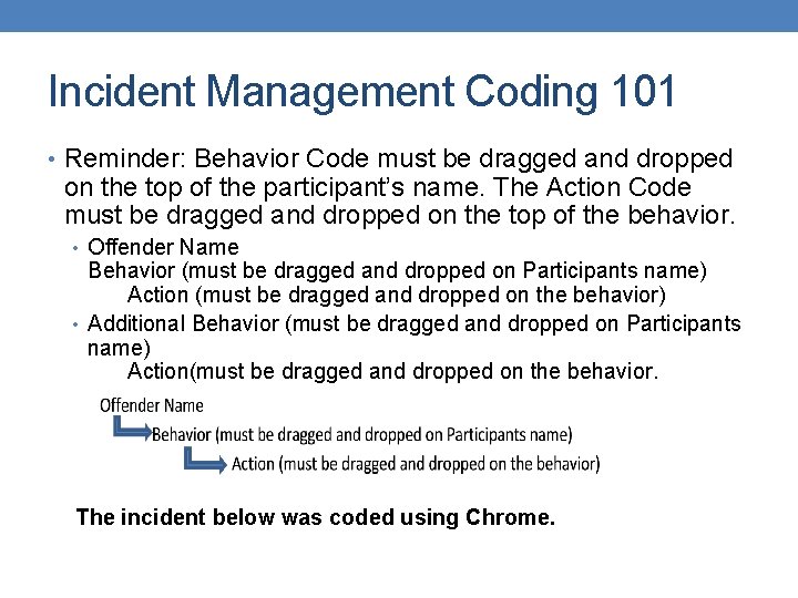 Incident Management Coding 101 • Reminder: Behavior Code must be dragged and dropped on