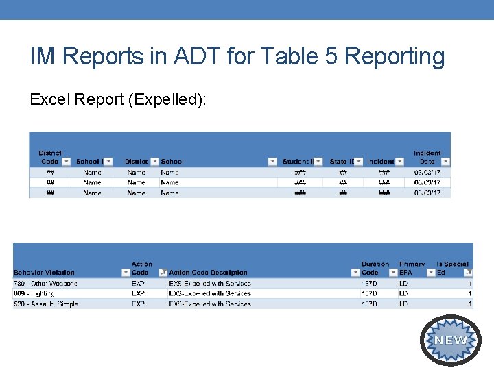 IM Reports in ADT for Table 5 Reporting Excel Report (Expelled): 