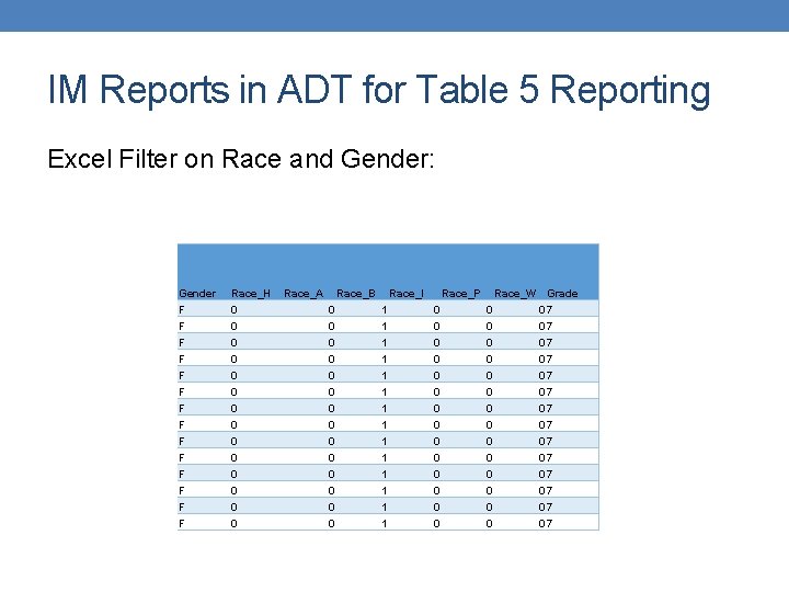 IM Reports in ADT for Table 5 Reporting Excel Filter on Race and Gender: