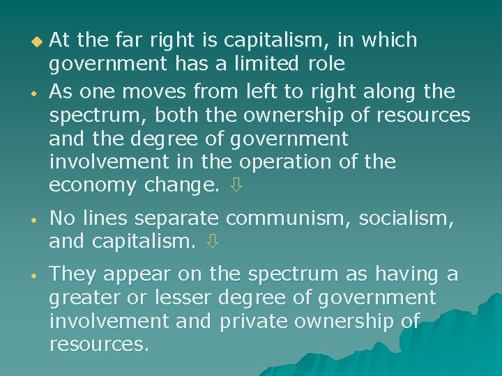 u • At the far right is capitalism, in which government has a limited