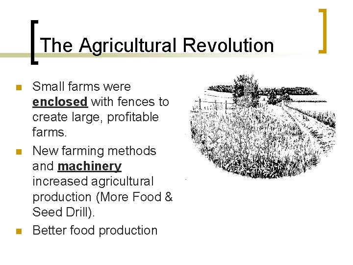 The Agricultural Revolution n Small farms were enclosed with fences to create large, profitable