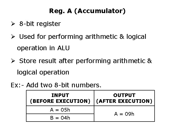 Reg. A (Accumulator) Ø 8 -bit register Ø Used for performing arithmetic & logical