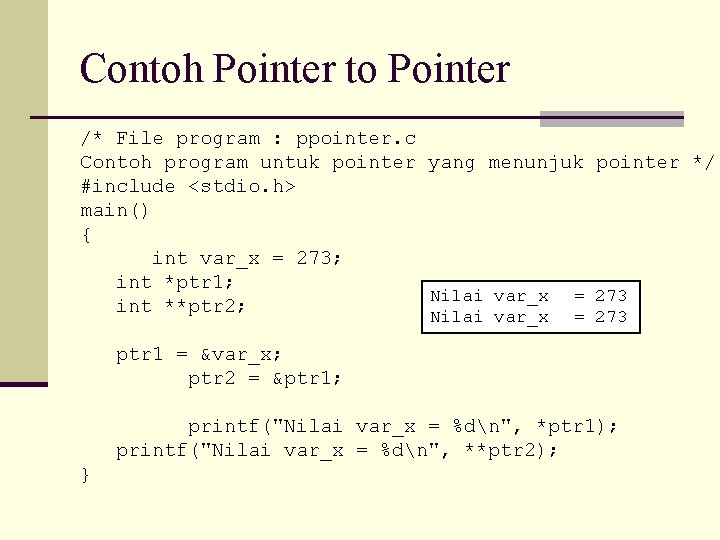 Contoh Pointer to Pointer /* File program : ppointer. c Contoh program untuk pointer