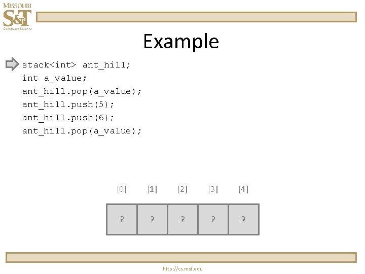 Example stack<int> ant_hill; int a_value; ant_hill. pop(a_value); ant_hill. push(5); ant_hill. push(6); ant_hill. pop(a_value); [0]