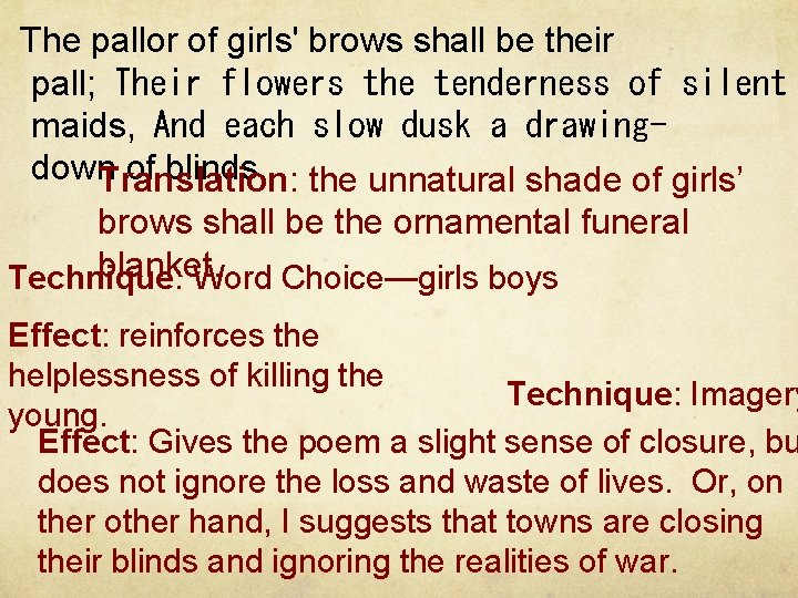  The pallor of girls' brows shall be their pall;  Their flowers the tenderness