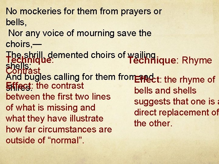 No mockeries for them from prayers or bells, Nor any voice of mourning save