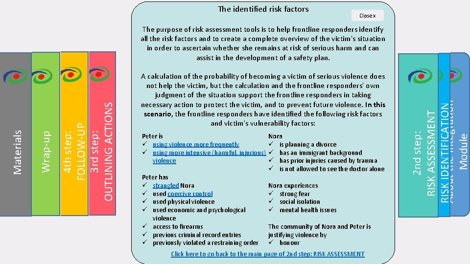 The identified risk factors Close x INTEGRATION MODULE FOR DOMESTIC VIOLENCE RISK ASSESSMENT AND