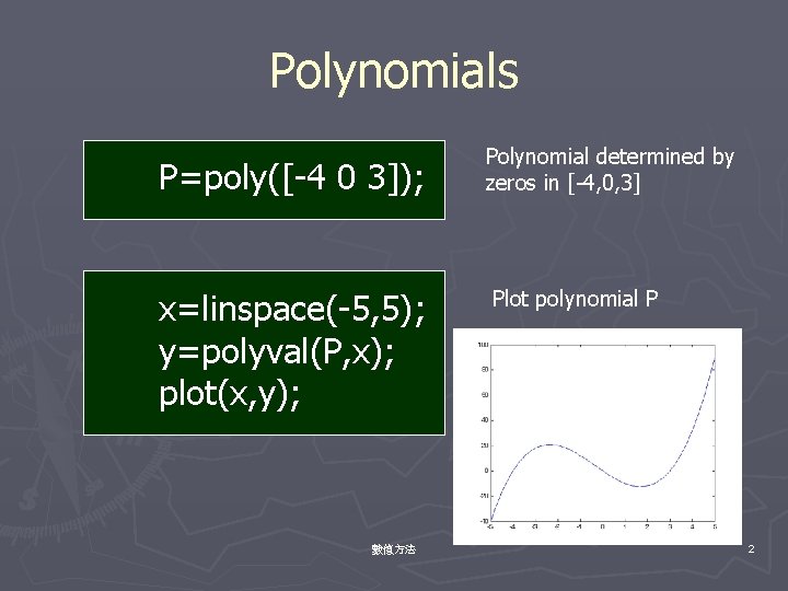 Polynomials P=poly([-4 0 3]); x=linspace(-5, 5); y=polyval(P, x); plot(x, y); 數值方法 Polynomial determined by