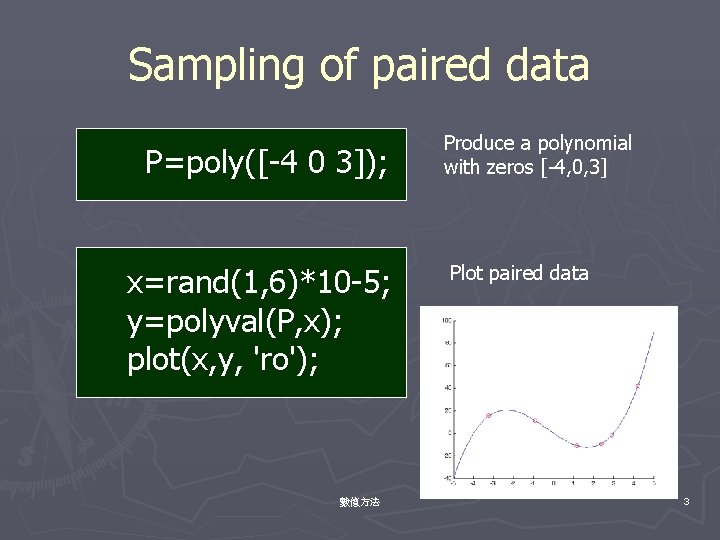 Sampling of paired data P=poly([-4 0 3]); x=rand(1, 6)*10 -5; y=polyval(P, x); plot(x, y,