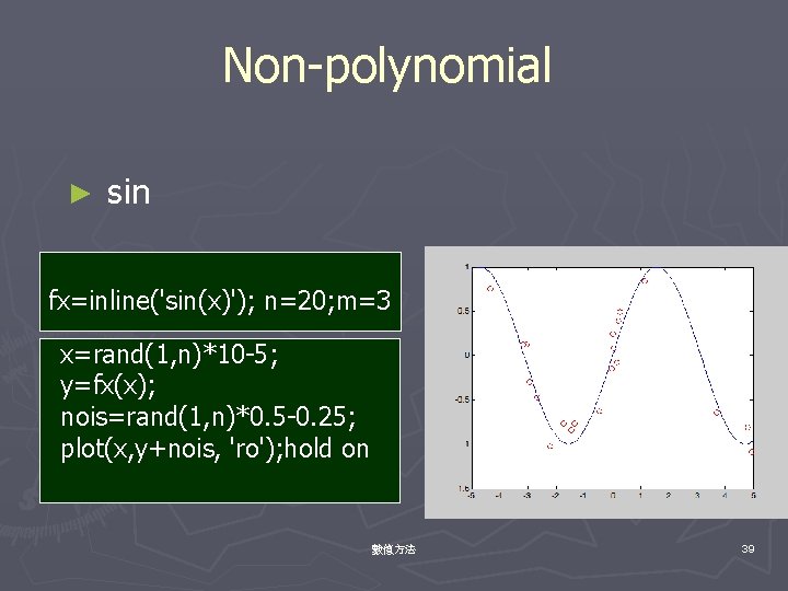 Non-polynomial ► sin fx=inline('sin(x)'); n=20; m=3 x=rand(1, n)*10 -5; y=fx(x); nois=rand(1, n)*0. 5 -0.