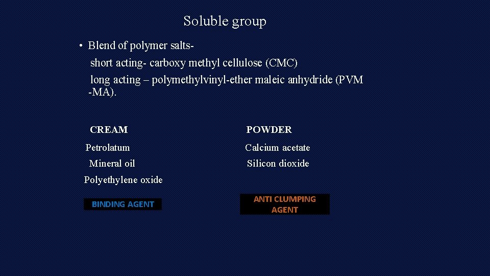 Soluble group • Blend of polymer saltsshort acting- carboxy methyl cellulose (CMC) long acting