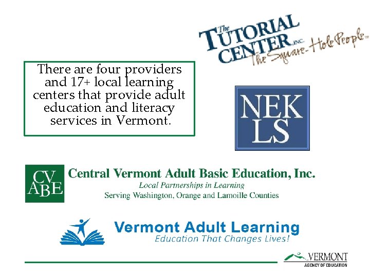 There are four providers and 17+ local learning centers that provide adult education and