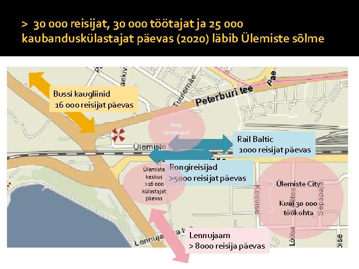 > 30 000 reisijat, 30 000 töötajat ja 25 000 kaubanduskülastajat päevas (2020) läbib