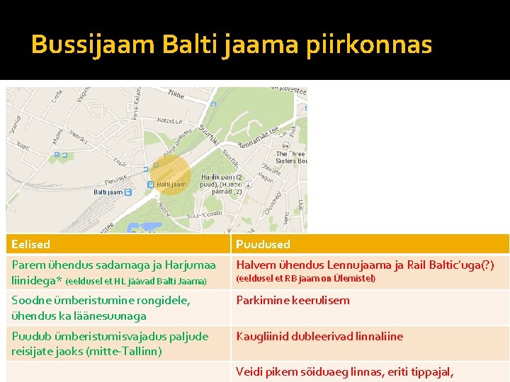 Bussijaam Balti jaama piirkonnas Eelised Puudused Parem ühendus sadamaga ja Harjumaa liinidega* (eeldusel et