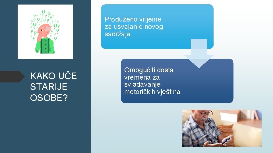 Produženo vrijeme za usvajanje novog sadržaja KAKO UČE STARIJE OSOBE? Omogućiti dosta vremena za