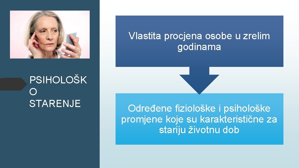 Vlastita procjena osobe u zrelim godinama PSIHOLOŠK O STARENJE Određene fiziološke i psihološke promjene