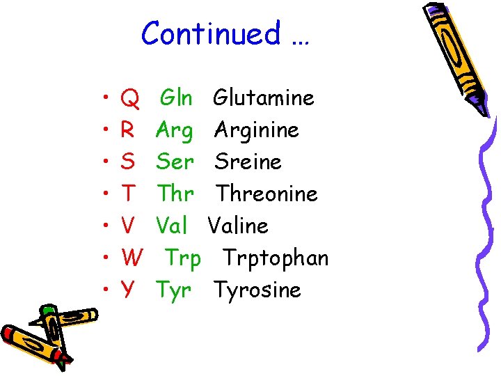 Continued … • • Q R S T V W Y Gln Glutamine Arginine