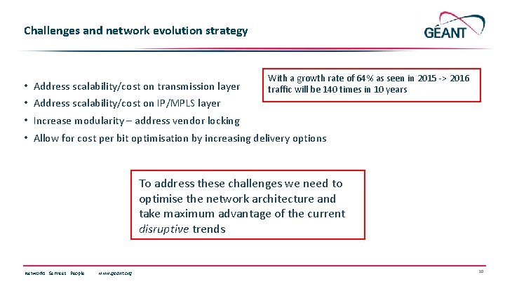 Challenges and network evolution strategy • Address scalability/cost on transmission layer With a growth