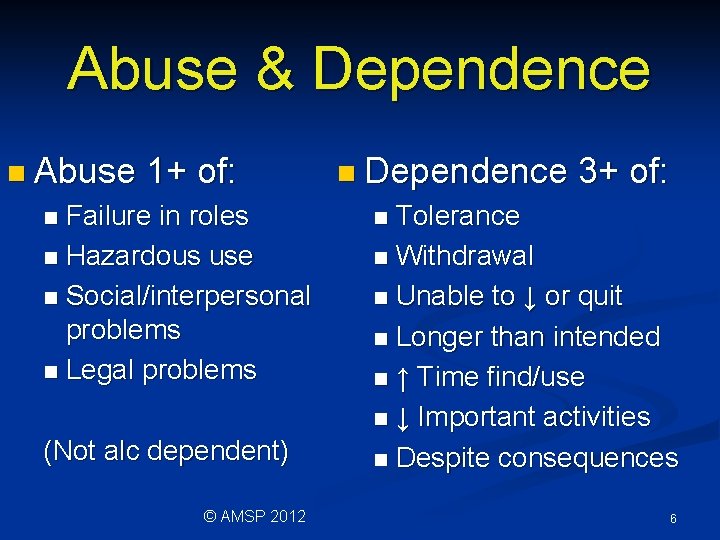 Abuse & Dependence n Abuse 1+ of: Failure in roles n Hazardous use n