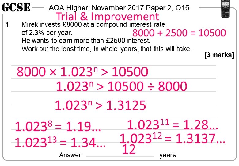 AQA Higher: November 2017 Paper 2, Q 15 1 Trial & Improvement Mirek invests