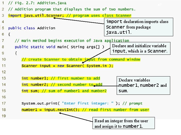 Outline 47 import declaration imports class Scanner from package java. util. Additio n. java Outline 47 import declaration imports class Scanner from package java. util. Additio n. java