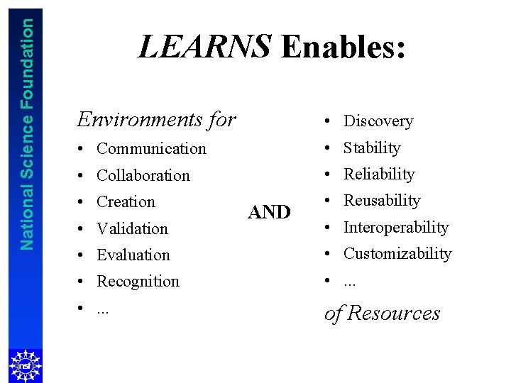 National Science Foundation LEARNS Enables: Environments for • Discovery • Communication • Stability •