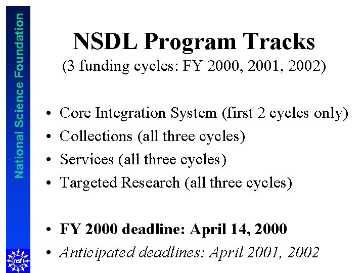 National Science Foundation NSDL Program Tracks (3 funding cycles: FY 2000, 2001, 2002) •