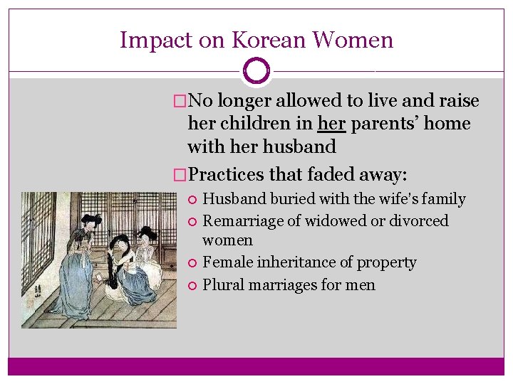 Impact on Korean Women �No longer allowed to live and raise her children in