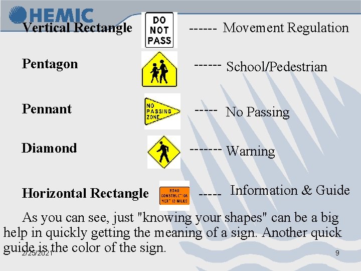 Vertical Rectangle ------ Movement Regulation Pentagon ------ School/Pedestrian Pennant ----- No Passing Diamond -------