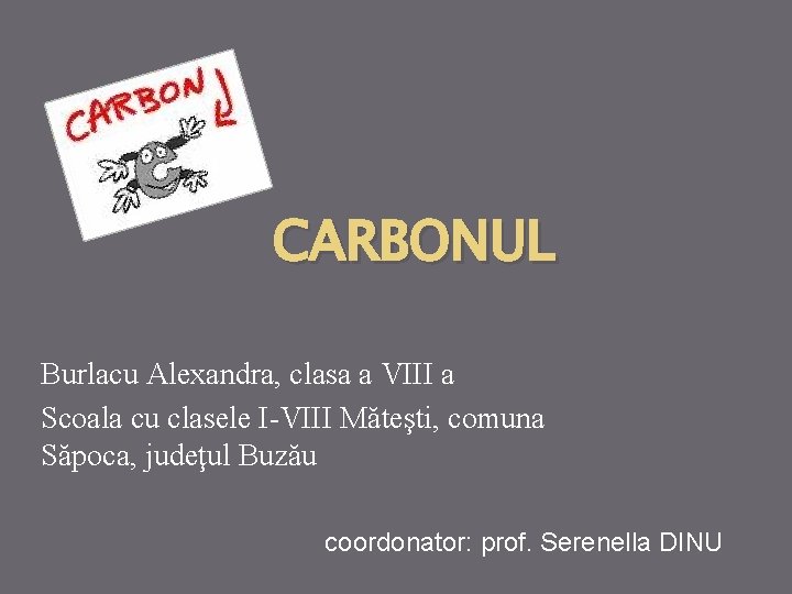 CARBONUL Burlacu Alexandra, clasa a VIII a Scoala cu clasele I-VIII Măteşti, comuna Săpoca,