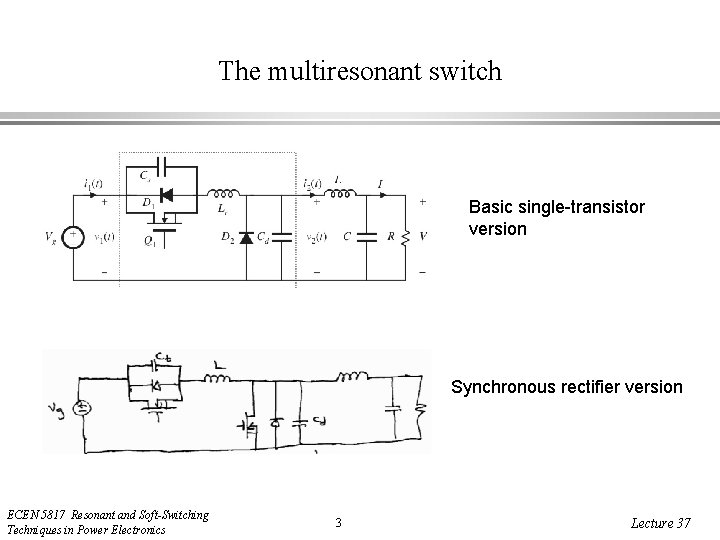 The multiresonant switch Basic single-transistor version Synchronous rectifier version ECEN 5817 Resonant and Soft-Switching