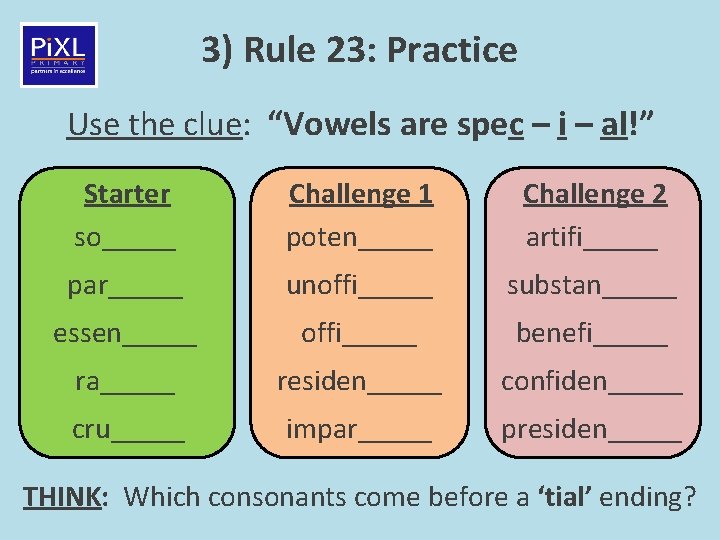 3) Rule 23: Practice Use the clue: “Vowels are spec – i – al!”