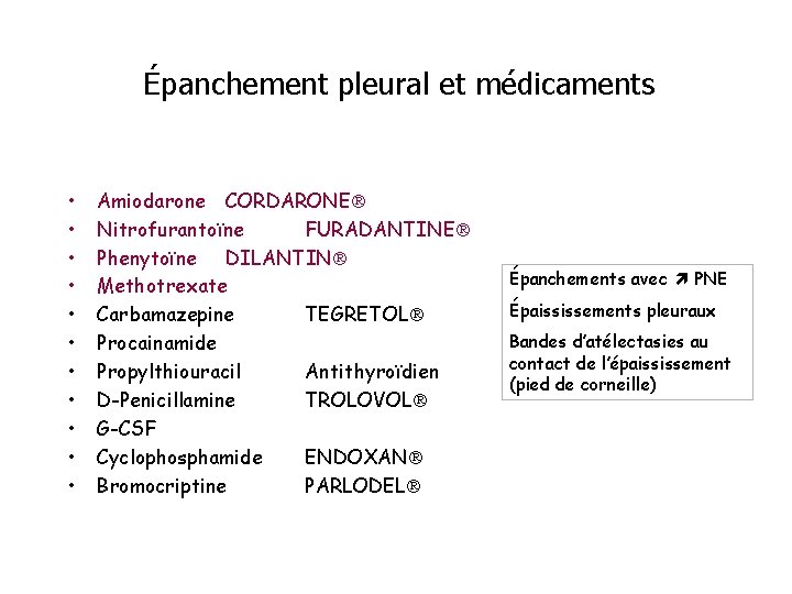 Épanchement pleural et médicaments • • • Amiodarone CORDARONE Nitrofurantoïne FURADANTINE Phenytoïne DILANTIN Methotrexate