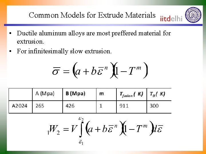 Common Models for Extrude Materials • Ductile aluminum alloys are most preffered material for