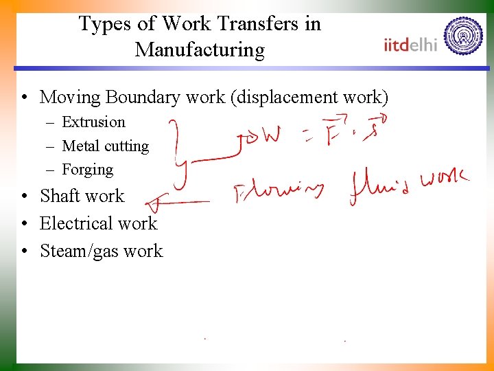 Types of Work Transfers in Manufacturing • Moving Boundary work (displacement work) – Extrusion
