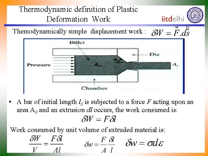 Thermodynamic definition of Plastic Deformation Work Themodynamically simple displacement work : • A bar