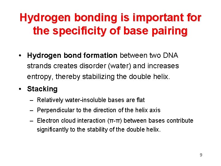 Hydrogen bonding is important for the specificity of base pairing • Hydrogen bond formation