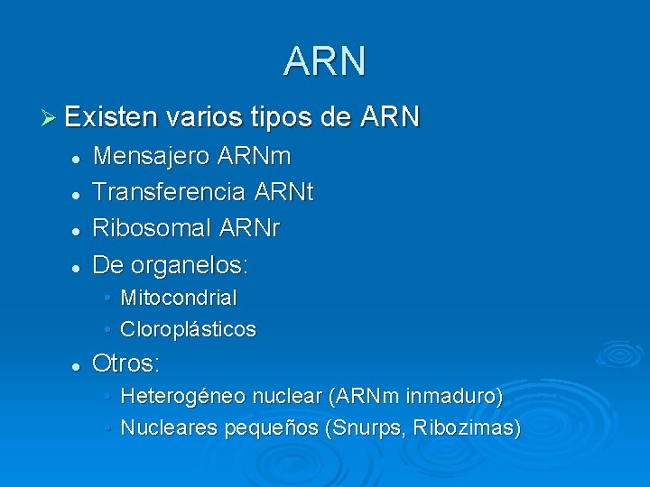 ARN Ø Existen varios tipos de ARN l l Mensajero ARNm Transferencia ARNt Ribosomal