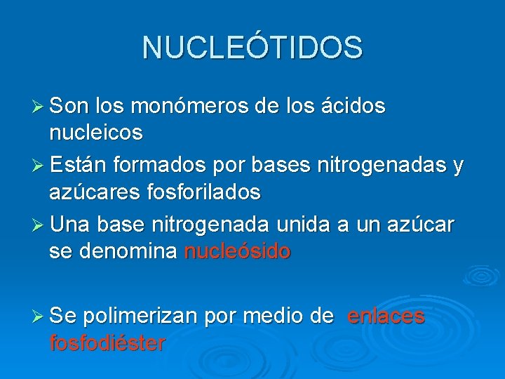 NUCLEÓTIDOS Ø Son los monómeros de los ácidos nucleicos Ø Están formados por bases