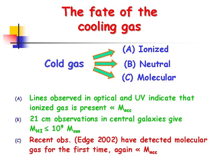 The fate of the cooling gas (A) Ionized Cold gas (B) Neutral (C) Molecular