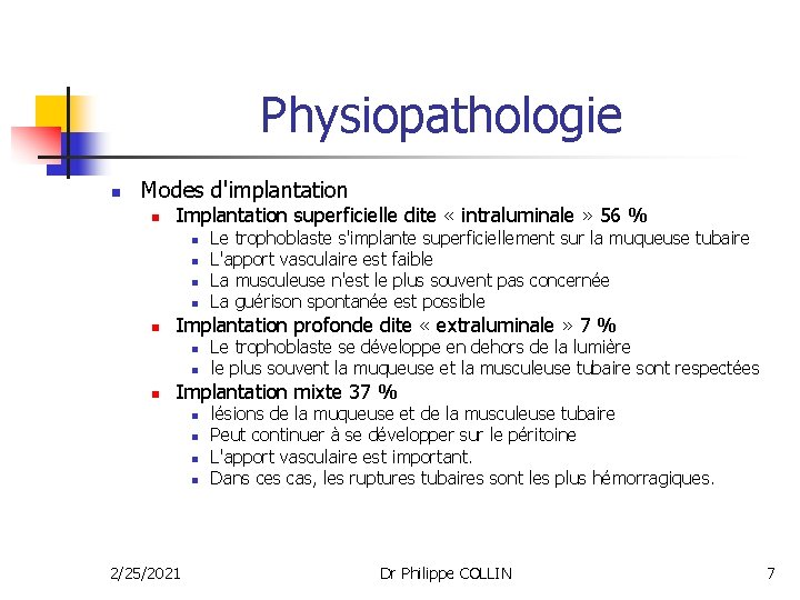 Physiopathologie n Modes d'implantation n Implantation superficielle dite « intraluminale » 56 % n