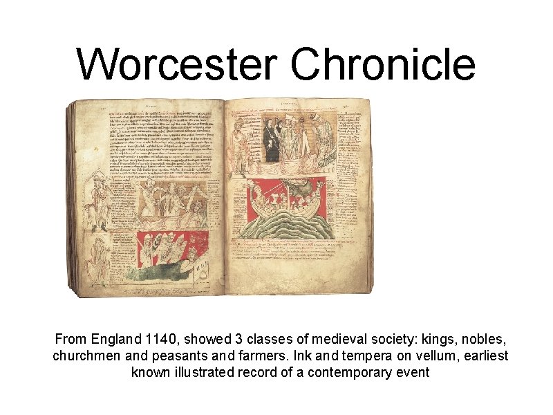 Worcester Chronicle From England 1140, showed 3 classes of medieval society: kings, nobles, churchmen