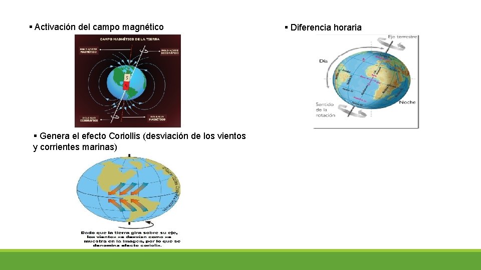 § Activación del campo magnético § Genera el efecto Coriollis (desviación de los vientos