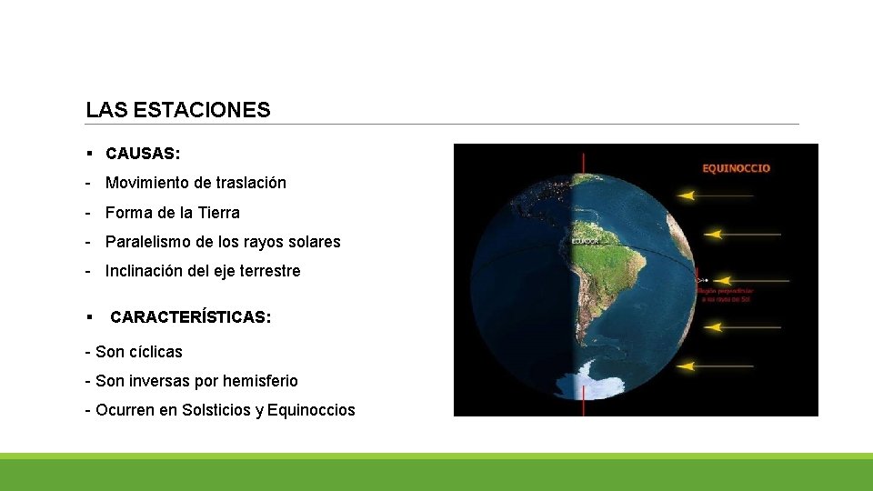 LAS ESTACIONES § CAUSAS: - Movimiento de traslación - Forma de la Tierra -